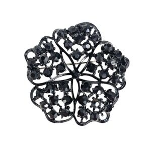 Vintage Signed Lisner 1960s Black Open Work‎ Crystal Flower Pin Brooch HTF